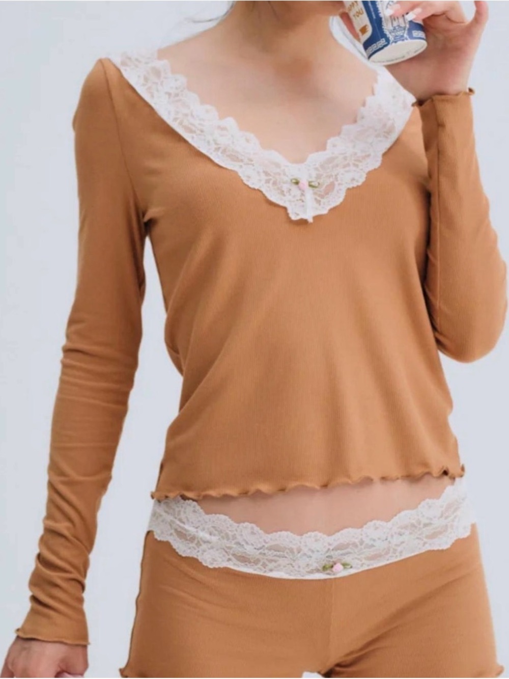 For Love And Lemons Camel Long Sleeve Lace-Trim Ribbed Pajama Set